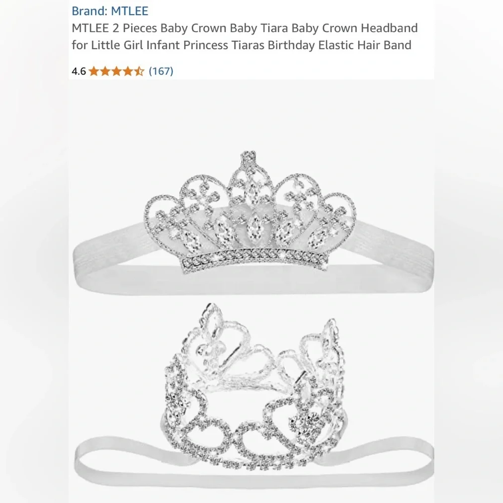 NIB MTLEE 2 Pieces Silver Baby Crown Baby Tiara Headband Little Girl Infant